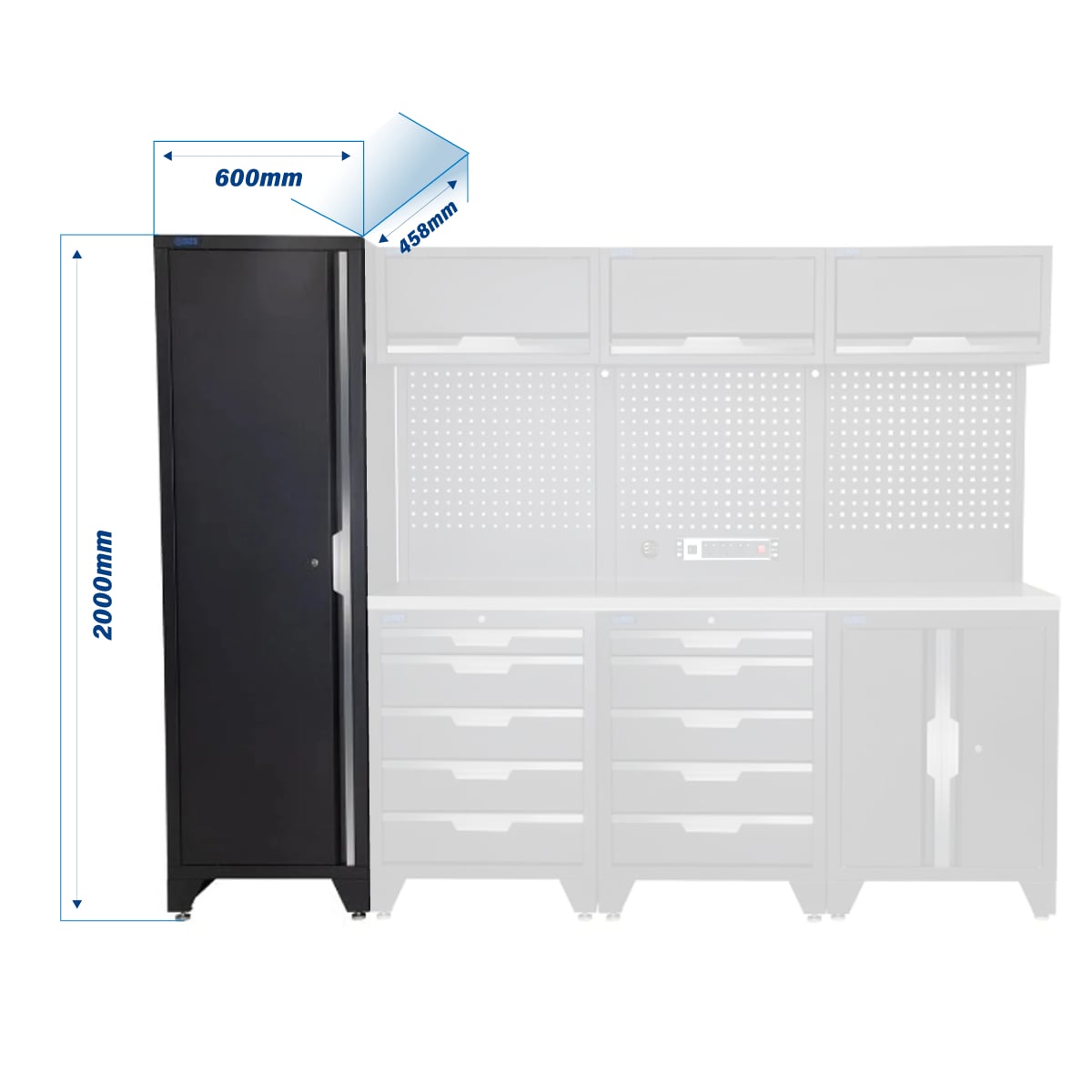 SGS 10pc Modular Garage Storage | 10 Drawers | Stainless Steel Worktop | Floor Cabinet | Tall Single Cabinet | 3x Upper Cabinets | Pegboard with Power Strip